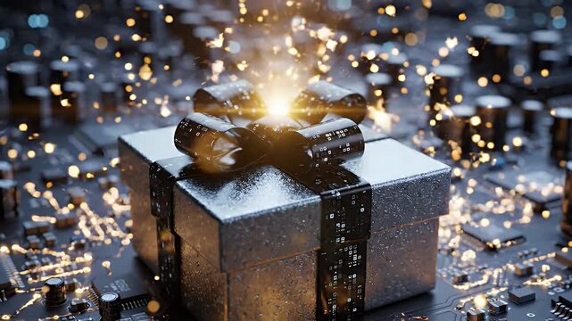 Glowing Gift Box on Circuit Board Illustration - A metallic gift box with a black digital patterned ribbon sits on a complex circuit board.