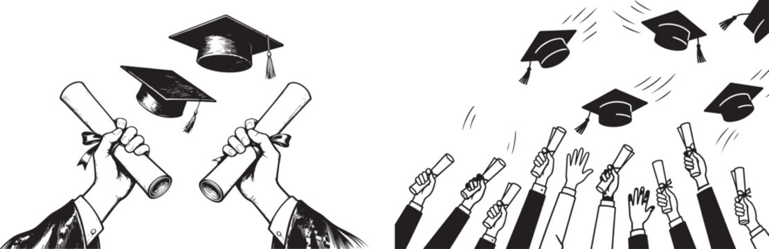 Black and white graduation vector illustration set with hands holding diploma scrolls and throwing academic caps in the air