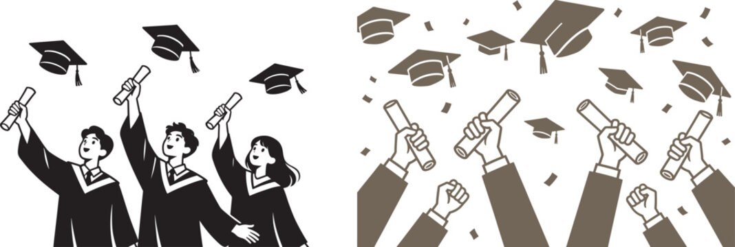 Graduation vector illustration set with happy students throwing caps and hands holding diplomas