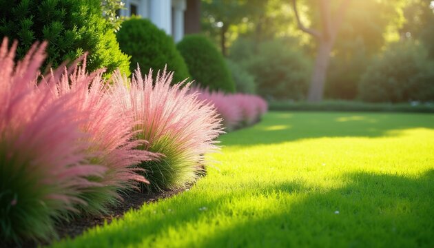 Ornamental pink muhly grass borders a neat green lawn. Lush bushes and trees form a backyard landscape. Sunlight shines warmly on the garden scene.