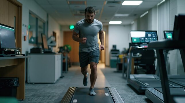 Football athlete running on treadmill in modern sports performance lab