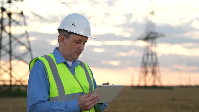 High-voltage power line maintenance, Safety first in electrical fieldwork, Worker updating data on site, Industry 4.0 in power engineering, Smart inspection of energy network, Utility inspector with
