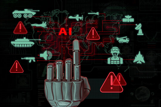 Artificial intelligence controlling advanced military technologies. AI-enabled warfare, autonomous weapons, battlefield risks and emerging security threats.
