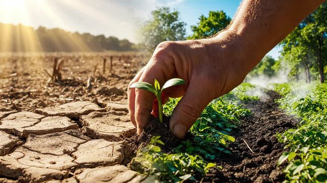 Human hand planting green sprout in parched dry soil.