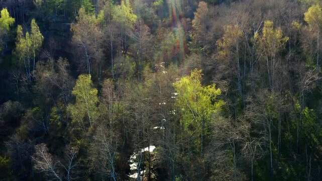 Southern Urals in spring: the Irendyk ridge and the Khudolaz River. Aerial view.