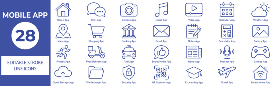 Mobile App Vector Outline Icons Set &ndash; Smartphone Applications, Social Media, Shopping, Navigation and Utility Line Symbols Collection