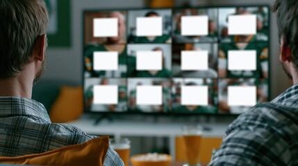 Fototapeta premium Friends watching remote football watch party on abstract video call screen