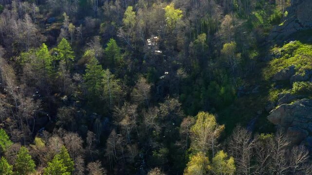 Southern Urals in spring: the Irendyk ridge and the Khudolaz River. Aerial view.