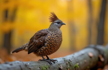 Obraz premium Female ruffed grouse perched on fallen tree trunk. Bird displays intricate brown feathers. Autumn forest with blurred yellow foliage background. Wildlife detail portrait.
