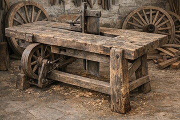 Obraz premium A mobile table with wheels and a bucket on top, suitable for outdoor use or as a makeshift workstation