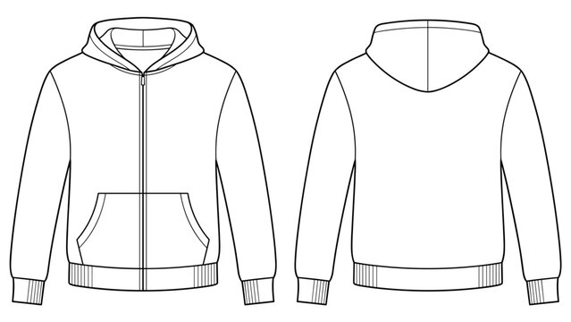 Full zip Hoodie Long sleeve Sweatshirt Flat Sketches technical drawing vector template For men's. Apparel zip up mockup CAD illustration. Outerwear fashion design on transparent background