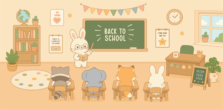 Back to School Kawaii Animal Classroom Illustration with Bunny Teacher and Cute Students