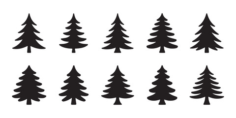 Obraz premium Black evergreen tree silhouettes for outdoor landscape and mountain forest concept vector design elements.