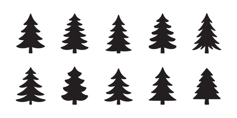 Obraz premium Collection of simple pine tree icons for minimalist forest scenes and woodland graphic design illustrations.