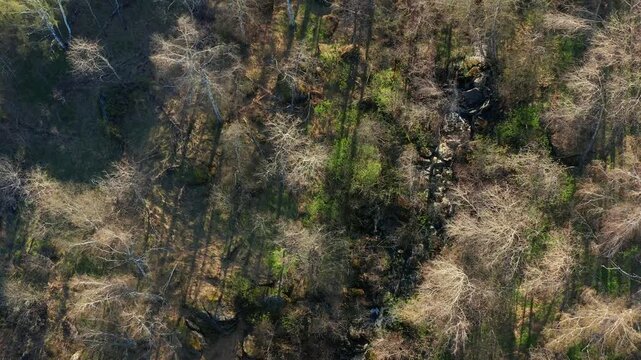 Southern Urals in spring: the Irendyk ridge and the Khudolaz River. Aerial view.