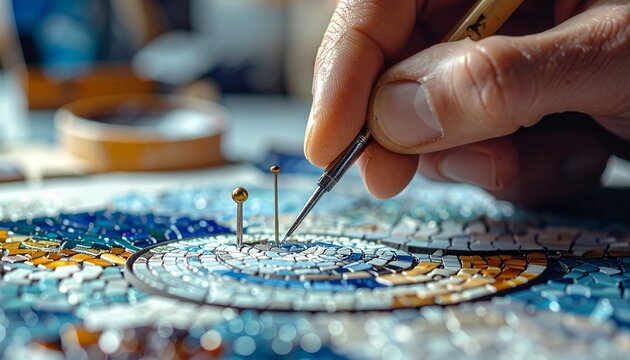 Hands crafting intricate silver jewelry with hammer and tools.