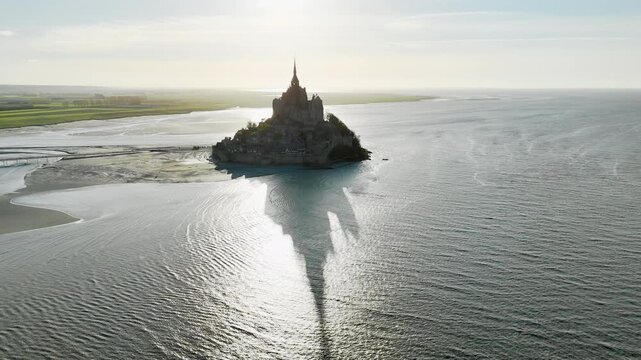 Silhouette of abbey Mont Saint-Michel in Normandy, France. Aerial drone view