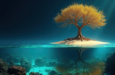 Obraz premium Golden tree grows on small sandy island in clear blue ocean. Underwater view shows roots and rocky seabed, with sunbeams illuminating the water. Reflection of tree mirrored on sea surface.