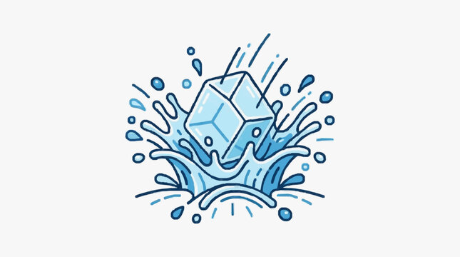 Ice cube splashing into water with droplets.