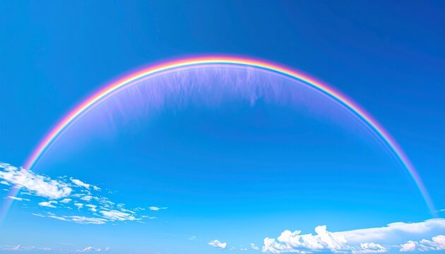 Aerial view of a rainbow arching over a coastal city.