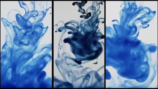 Blue ink swirls in water set of three panels.