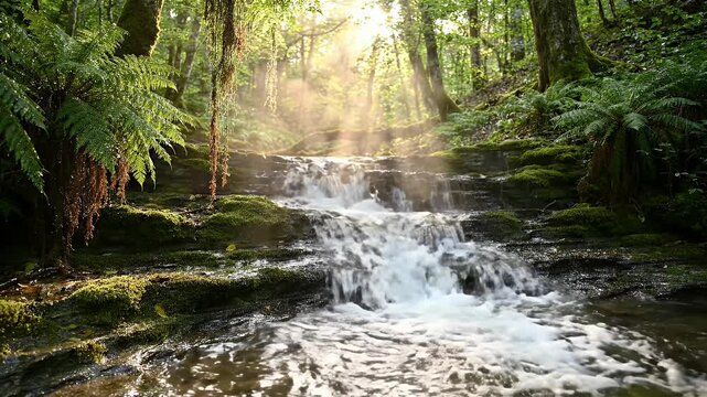 Lush Forest Stream with Gentle Waterfall and Sunbeams - A serene forest scene featuring a shallow river cascading over layered moss-covered rocks, with soft sunbeams filtering through the lush green