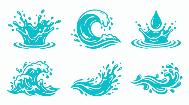 Dynamic blue water splashes and ocean waves vector collection