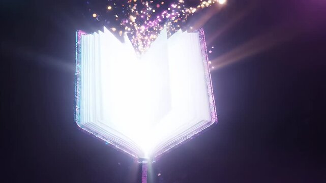Bright Glowing Object - A close-up, high-angle shot of a bright, glowing object, possibly a book or a futuristic device, emitting intense light rays against a dark background.