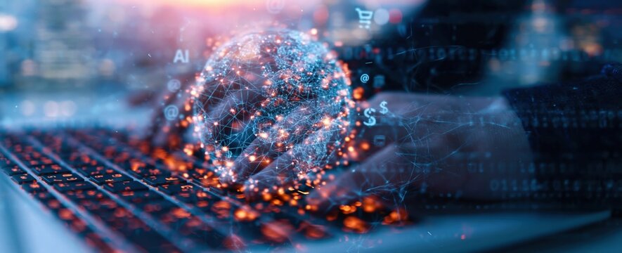 Technology and digital data sphere emerging from a keyboard for abstract networking