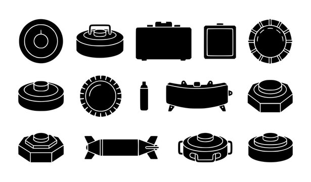 Black silhouette anti tank mine icon set with military explosive device symbols flat vector collection isolated on white background