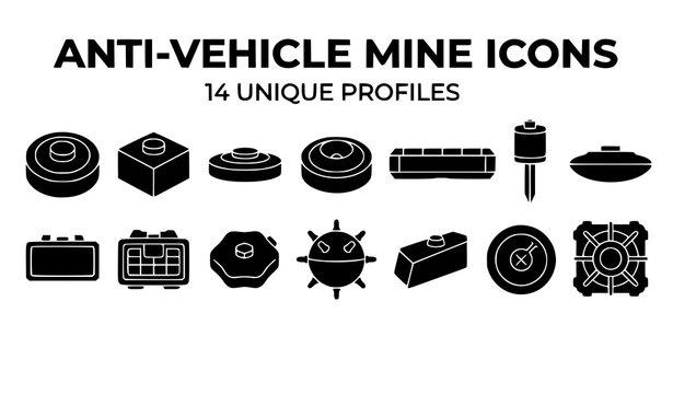 Black silhouette armored vehicle mine vector icon pack with military explosive symbols isolated on white background for safety and defense graphics