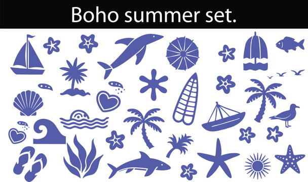Boho summer set. Naive spiritual geometric palm tree, sun, sea, waves and corals emblem. Tropical retro surf prints, summer beach label, naive vignetting silhouette. Hand drawn vector illustration