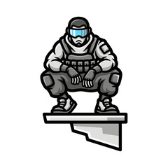 Naklejka premium Soldier in tactical gear crouching on platform illustration.