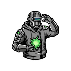 Fototapeta premium Futuristic robot holding glowing green energy sphere.