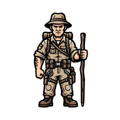 Fototapeta premium Adventurous Explorer Man Holding Walking Stick Ready for Expedition.