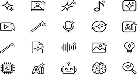 Artificial intelligence AI tools and sparkle effect vector icon set with magic wand robot chatbot smart microchip brain and content creation symbols. © KOSAKA