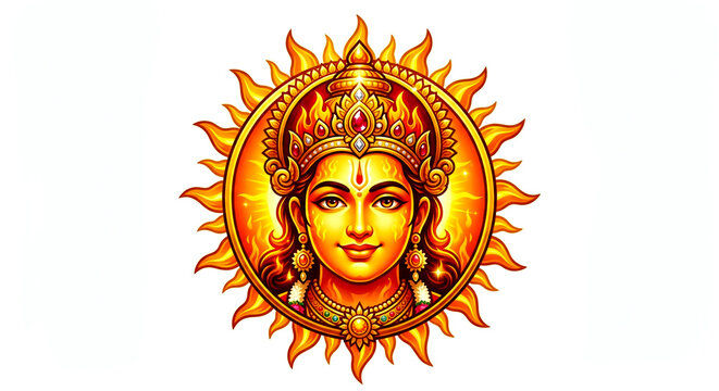 Divine Hindu god Sun, God of light, power and energy, known in Hindu religion as Surya Narayan in sunny golden frame, white background, copy space 