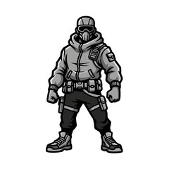 Naklejka premium Cartoon Soldier Character Wearing Tactical Gear and Gas Mask.