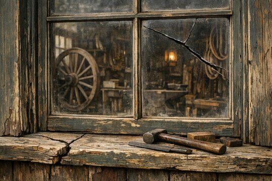 A broken window with a hammer and other tools for fixing