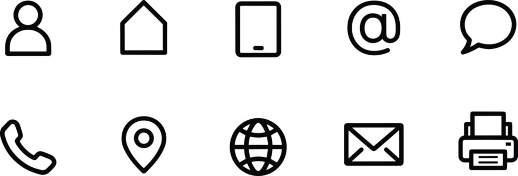 Contact us and communication vector icon set with phone user address pin location email envelope message chat and internet web interface elements.
