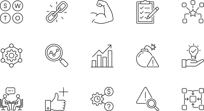 SWOT analysis and business strategy vector icon set with strengths weaknesses opportunities threats matrix corporate planning and evaluation line elements.