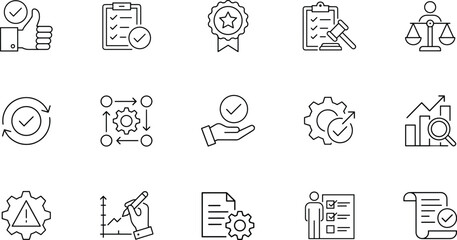 Quality management and business compliance vector icon set with guidelines standards best practices optimization benchmark ethics and consistency line symbols. © KOSAKA