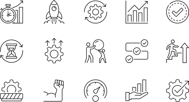 Performance management and productivity growth vector icon set with efficiency optimization startup rocket career development and business strategy line symbols.