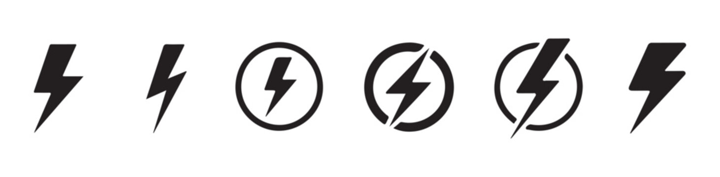 Lightning bolt collection featuring six distinct icon designs representing electricity and power, isolated on background.