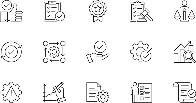 Quality management and business compliance vector icon set with guidelines standards best practices optimization benchmark ethics and consistency line symbols.