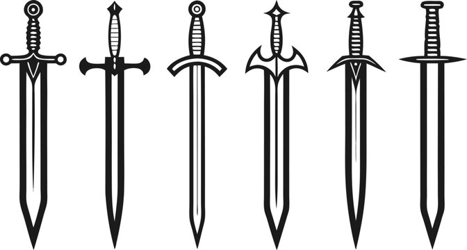 Hand Drawn Medieval Sword Collection Outline Doodle Fantasy Weapon Illustration Set Isolated for Game Logo Banner Presentation