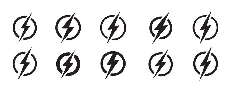 Comprehensive collection of ten lightning bolt icons within circles, depicting electric power on background.