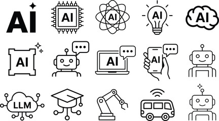 Artificial intelligence AI line icon set with smart robot chatbot large language model LLM microchip lightbulb machine learning and automation symbols. © KOSAKA