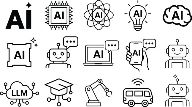 Artificial intelligence AI line icon set with smart robot chatbot large language model LLM microchip lightbulb machine learning and automation symbols.