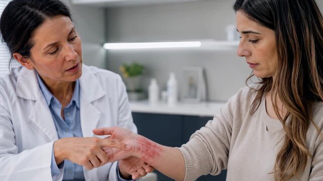 Doctor examining irritated hand rash during consultation, dermatology, allergy, treatment, medical care, diagnosis